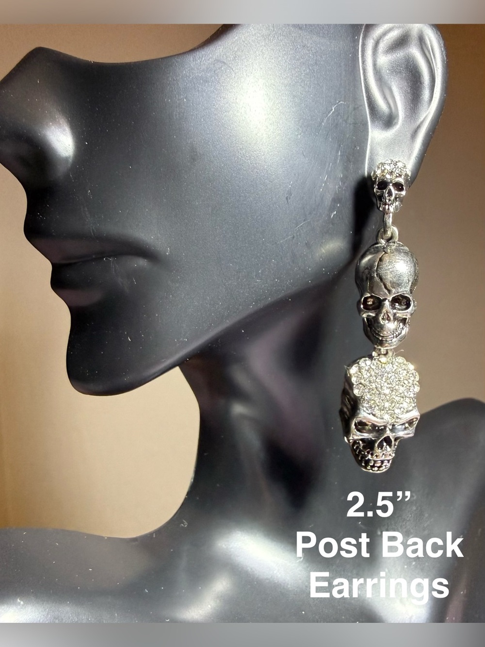 Silver Skull Drop Earrings with Crystal Accents